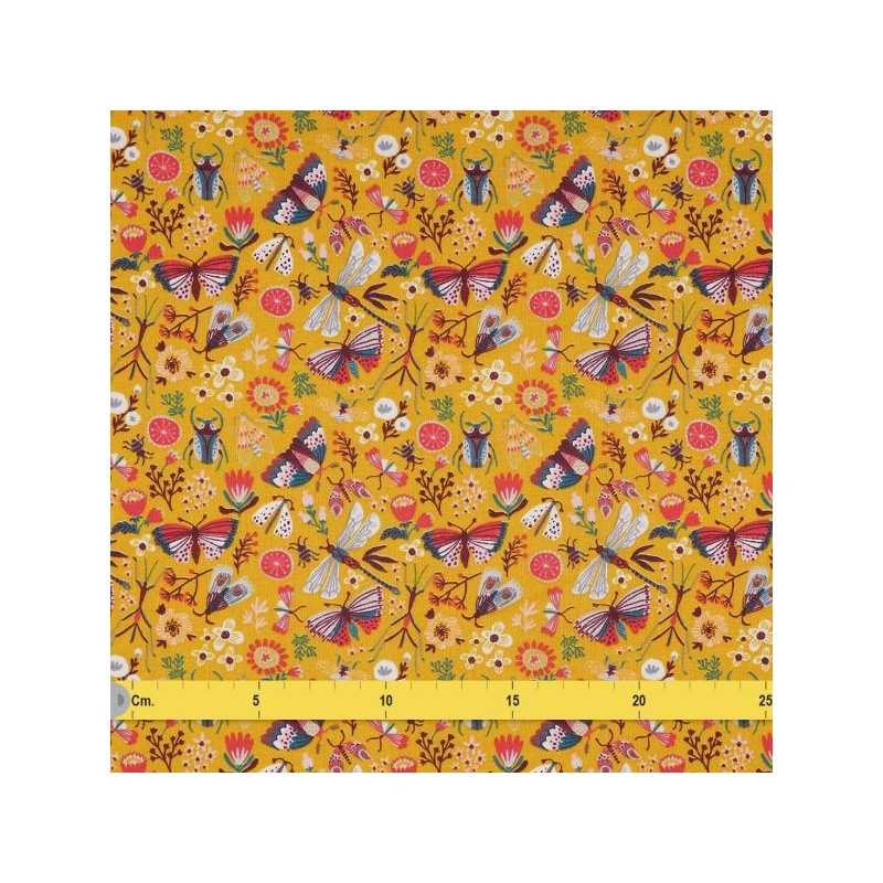 Tissu insectes papillons jaune moutarde