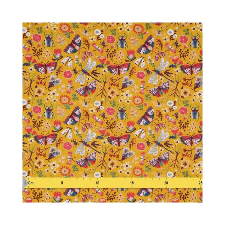 Tissu insectes papillons jaune moutarde